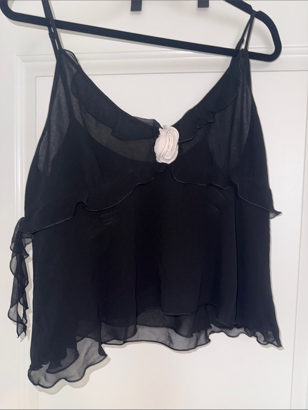 Aritzia Black Chiffon Ruffled Spaghetti Strap Cami with White Rosette
